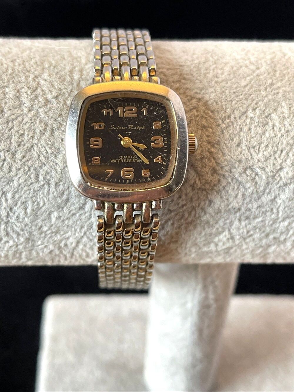 Suisse Ralph Women’s Watch  Silver Tone Black Face Gold #’s & Hands Sz. 8-9-10